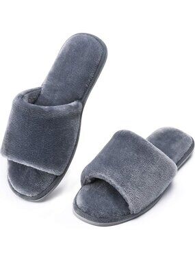 〽️Women's Grey Open Toe Slippers Cozy Memory Foam Summer Slip On Flannel Shoes